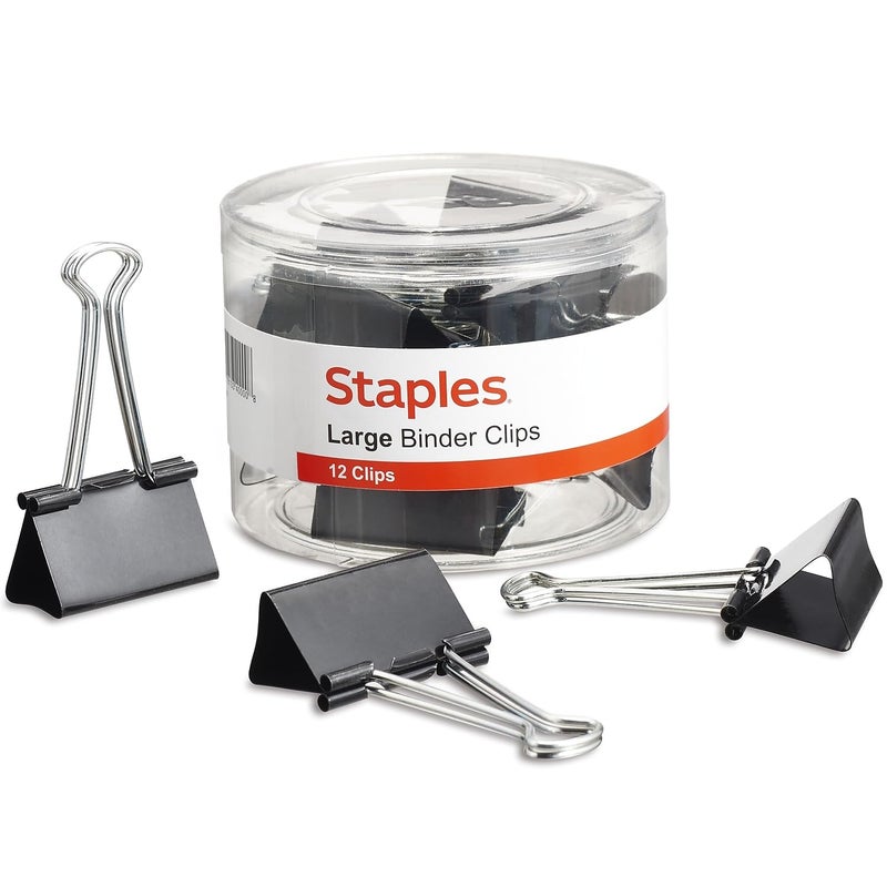 Staples Binder Paper Clips, 1 Inch Capacity, Large, 12-Pack, Black - Image 1